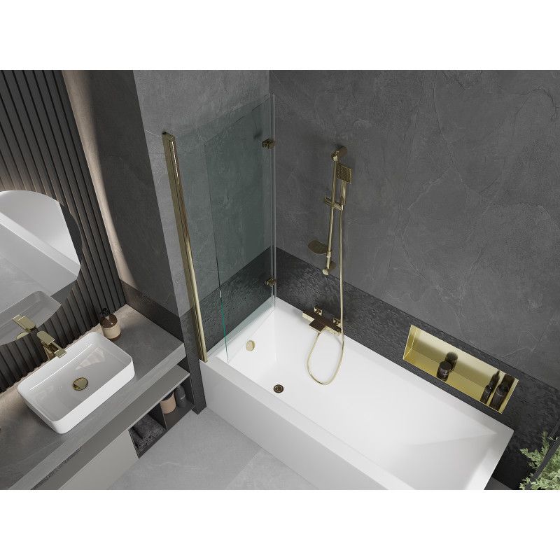Rektangulært badekar Mexen Cubik 150 x 70 cm med front- og sidepanel samt 2-fløjet brusevæg 120 cm i transparent glas med guldfinish, 1 sæt