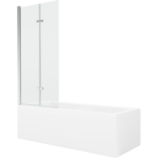 Rektangulært badekar Mexen Cubik 150 x 70 cm med frontpanel og 2-fløjet brusevæg 80 cm transparent krom 1 sæt