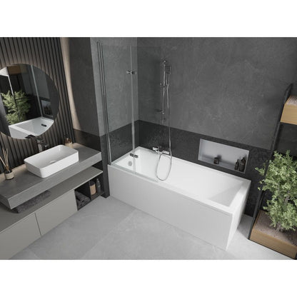 Rektangulært badekar Mexen Cubik 150 x 70 cm med frontpanel og 2-fløjet brusevæg 80 cm transparent krom 1 sæt