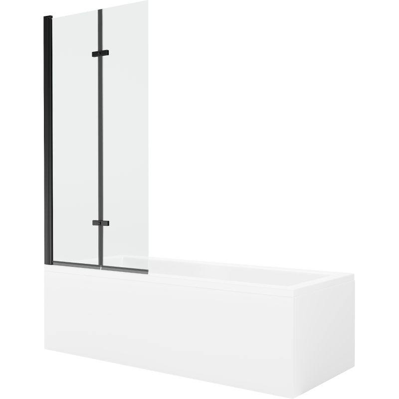 Rektangulært badekar Mexen Cubik 150 x 70 cm med front- og sidepanel samt 2-fløjet brusevæg 80 cm transparent sort 1 sæt
