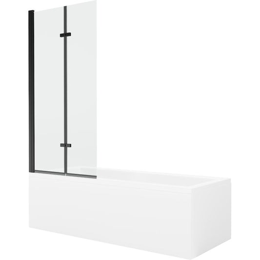 Rektangulært badekar Mexen Cubik 150 x 70 cm med front- og sidepanel samt 2-fløjet brusevæg 80 cm transparent sort 1 sæt