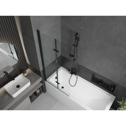 Rektangulært badekar Mexen Cubik 150 x 70 cm med front- og sidepanel samt 2-fløjet brusevæg 80 cm transparent sort 1 sæt