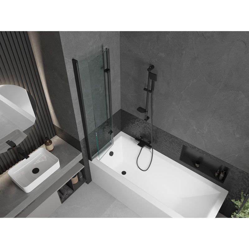 Rektangulært badekar Mexen Cubik 150 x 70 cm med front- og sidepanel samt 2-fløjet brusevæg 80 cm transparent sort 1 sæt
