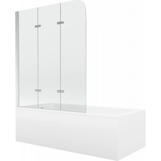 Rektangulært badekar Mexen Cubik 150 x 70 cm med front- og sidepanel samt 3-fløjet brusevæg 120 cm i transparent krom, 1 sæt