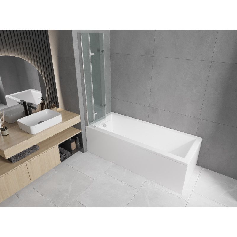 Rektangulært badekar Mexen Cubik 150 x 70 cm med front- og sidepanel samt 3-fløjet brusevæg 120 cm i transparent krom, 1 sæt