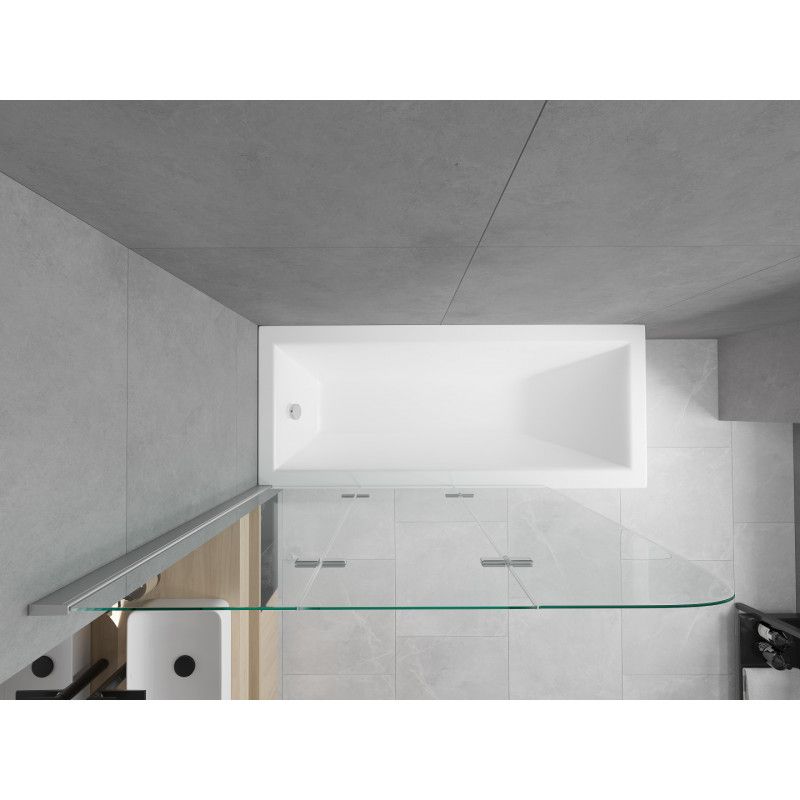 Rektangulært badekar Mexen Cubik 150 x 70 cm med front- og sidepanel samt 3-fløjet brusevæg 120 cm i transparent krom, 1 sæt