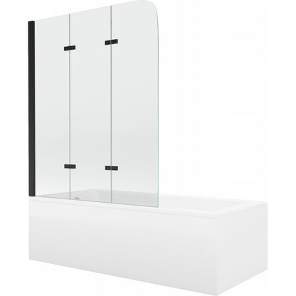 Rektangulært badekar Mexen Cubik 150 x 70 cm med frontpanel og 3-fløjet brusevæg 120 cm transparent sort 1 sæt
