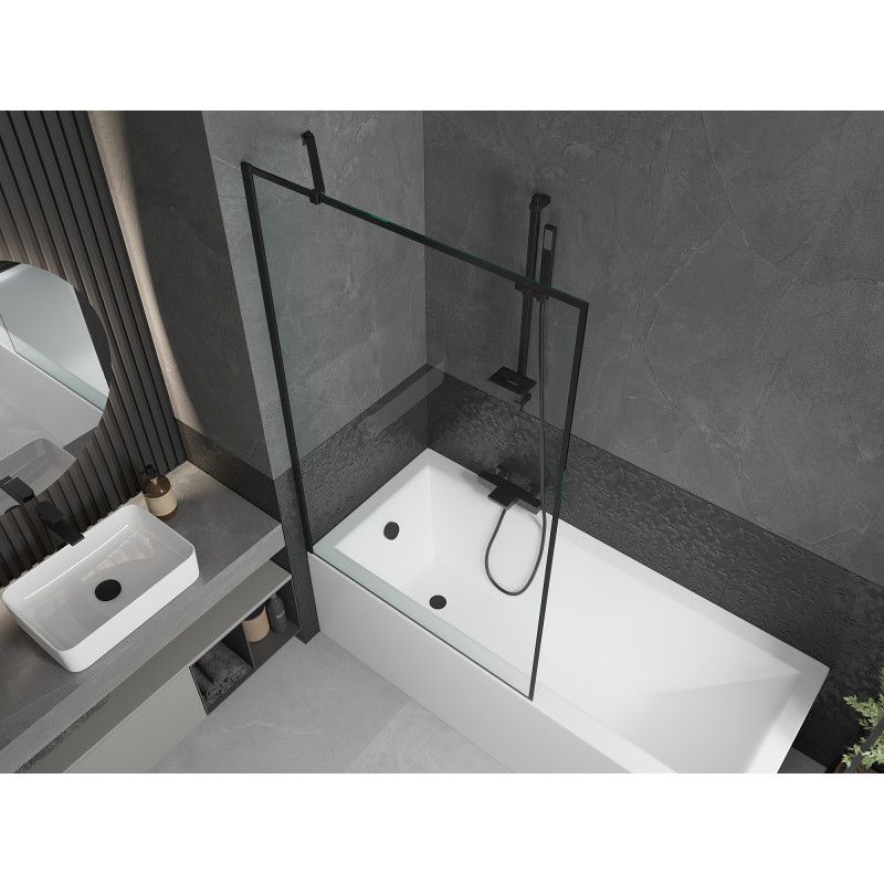 Rektangulært badekar Mexen Cubik 160 x 70 cm med front- og sidepanel samt 1-fløjet brusevæg 100 cm med sort mønster, komplet sæt