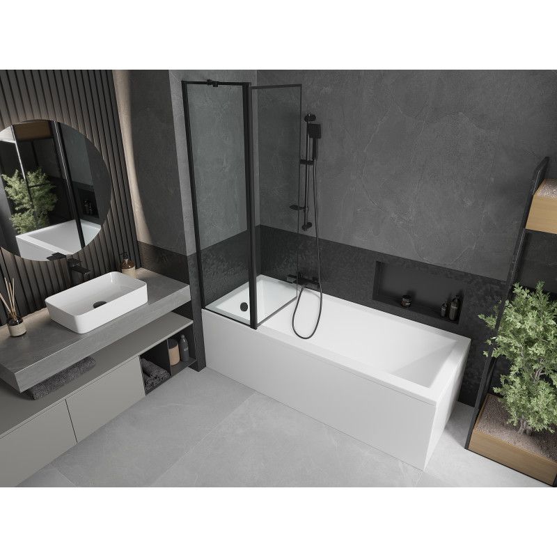 Rektangulært badekar Mexen Cubik 160 x 70 cm med front- og sidepanel samt 1-fløjet brusevæg 100 cm med sort mønster, komplet sæt