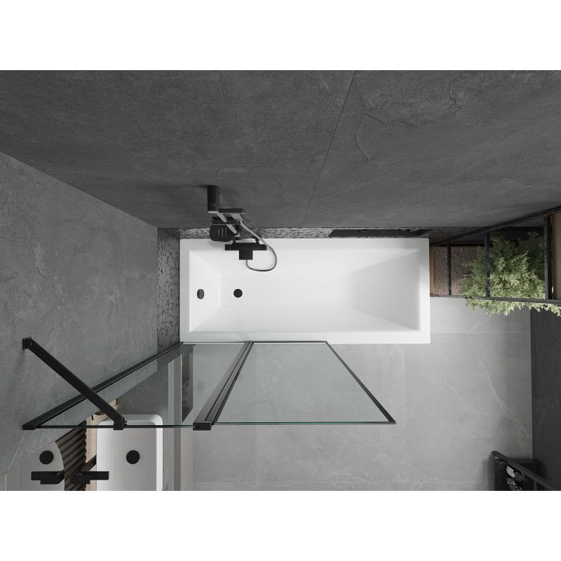 Rektangulært badekar Mexen Cubik 160 x 70 cm med front- og sidepanel samt 1-fløjet brusevæg 100 cm med sort mønster, komplet sæt