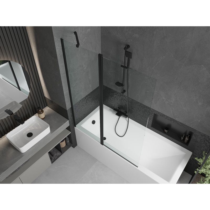 Rektangulært badekar Mexen Cubik 160 x 70 cm med front- og sidepanel samt 1-fløjet brusevæg 120 cm i transparent mat-sort finish, 1 sæt
