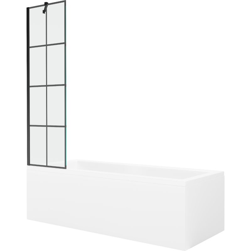 Rektangulært badekar Mexen Cubik 160 x 70 cm med front- og sidepanel samt 1-fløjet brusevæg 50 cm med sort mønster, 1 sæt
