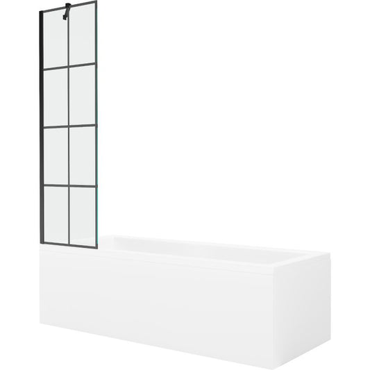 Rektangulært badekar Mexen Cubik 160 x 70 cm med front- og sidepanel samt 1-fløjet brusevæg 50 cm med sort mønster, 1 sæt