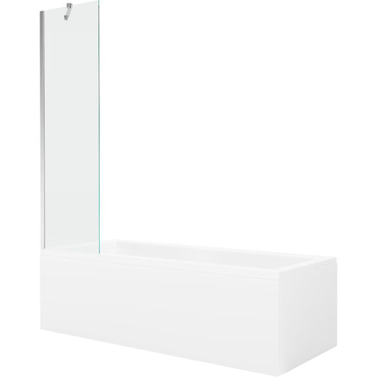 Rektangulært badekar Mexen Cubik 160 x 70 cm med front- og sidebeklædning samt 1-fløjet brusevæg 50 cm i transparent krom, 1 sæt