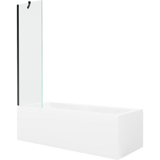Rektangulært badekar Mexen Cubik 160 x 70 cm med frontpanel og 1-fløjet brusevæg 50 cm transparent sort 1 sæt