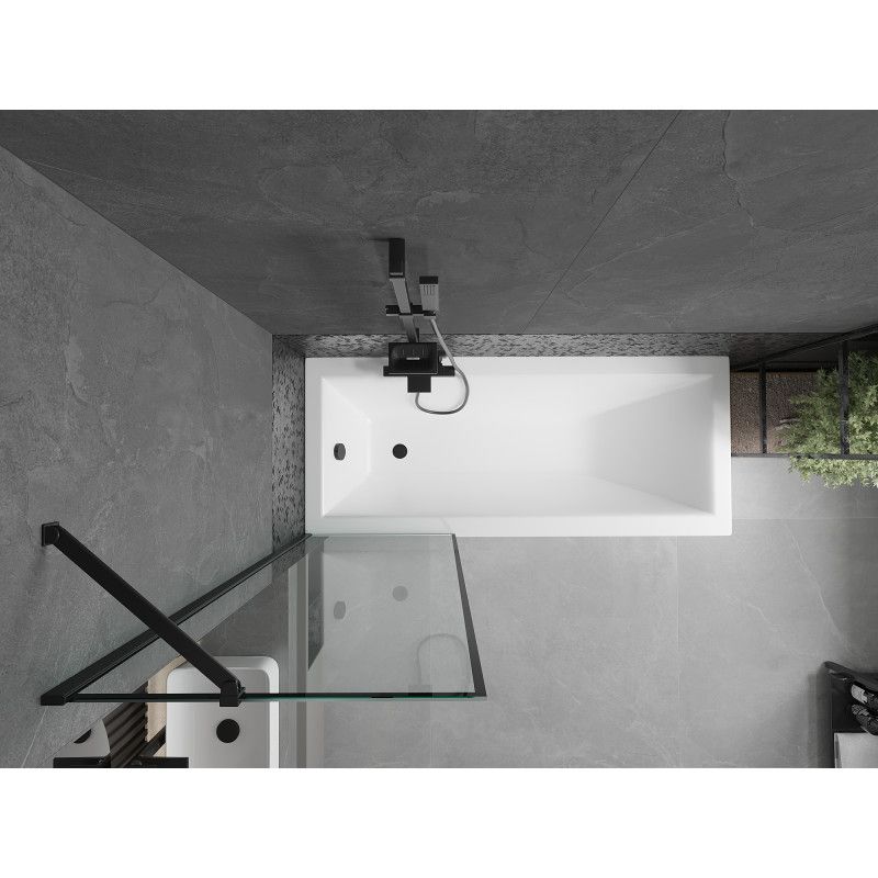 Rektangulært badekar Mexen Cubik 160 x 70 cm med front- og sidepanel samt 1-fløjet brusevæg 60 cm i sort mønster, 1 sæt