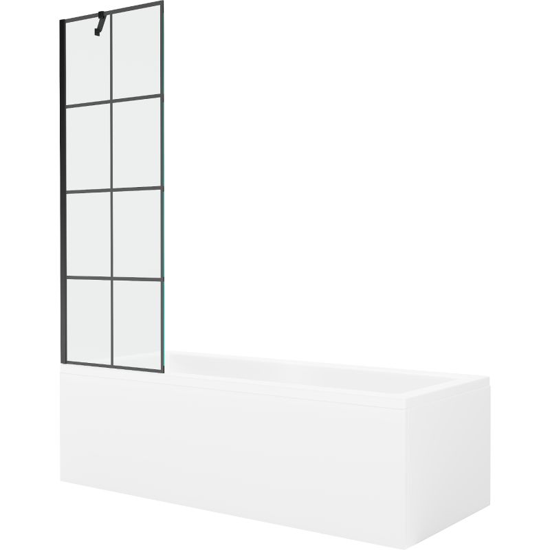 Rektangulært badekar Mexen Cubik 160 x 70 cm med front- og sidepanel samt 1-fløjet brusevæg 60 cm i sort mønster, 1 sæt