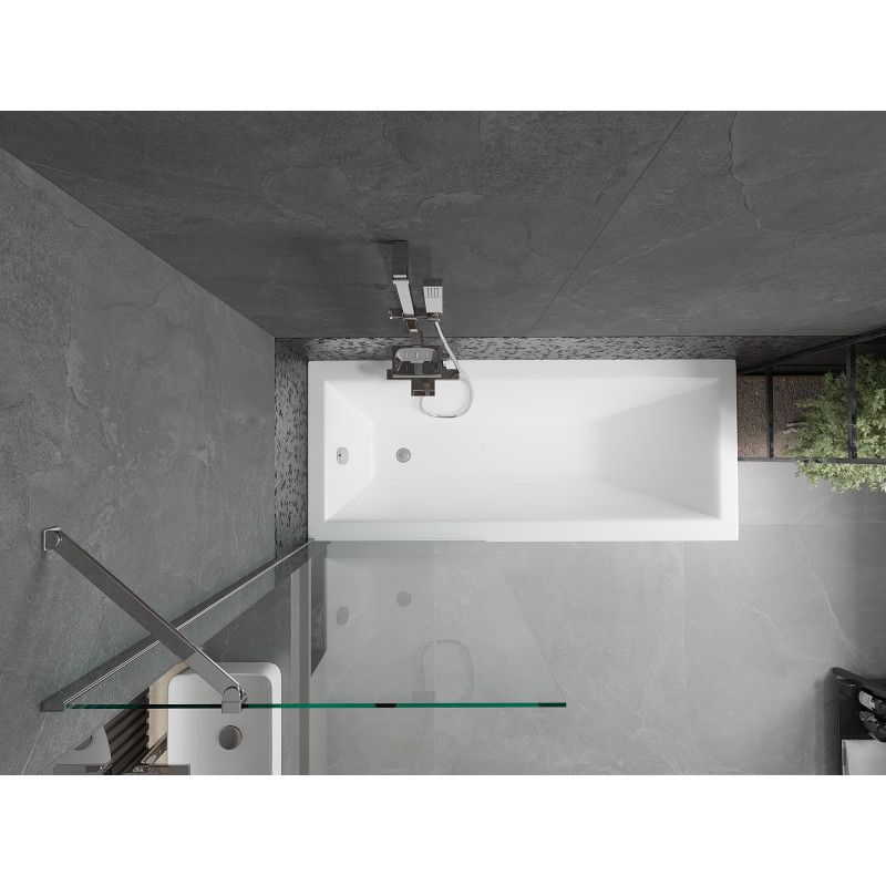 Rektangulært badekar Mexen Cubik 160 x 70 cm med front- og sidepanel samt 1-fløjet brusevæg 70 cm i transparent krom, 1 sæt