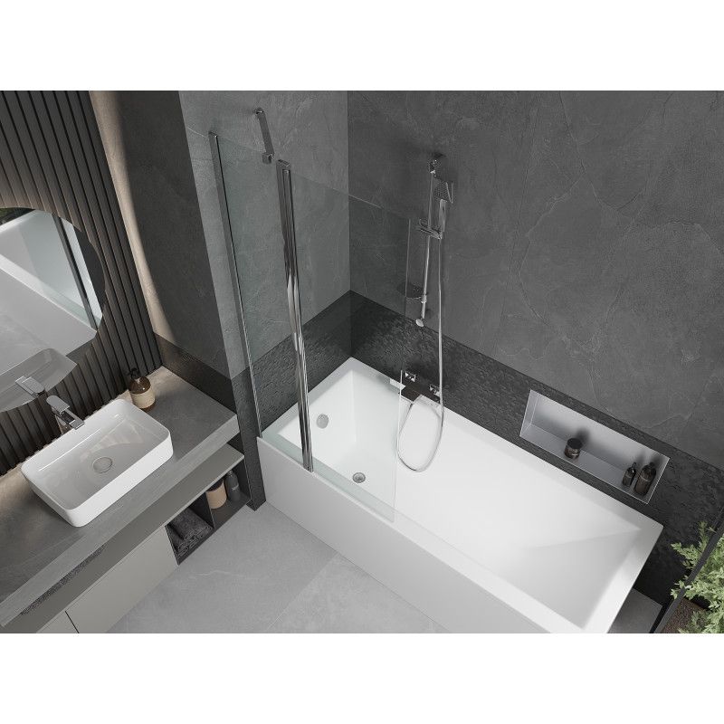 Rektangulært badekar Mexen Cubik 160 x 70 cm med frontpanel og 1-fløjet brusevæg 80 cm transparent krom, 1 sæt