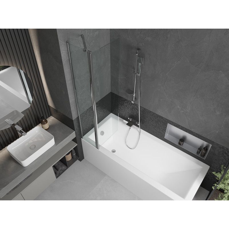 Rektangulært badekar Mexen Cubik 160 x 70 cm med frontpanel og 1-fløjet brusevæg 80 cm transparent krom, 1 sæt
