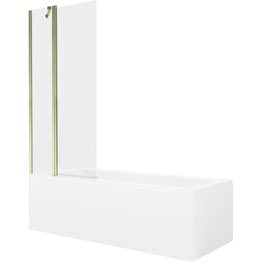 Rektangulært badekar Mexen Cubik 160 x 70 cm med front- og sidepanel samt 1-fløjet brusevæg 80 cm i transparent guld, 1 sæt