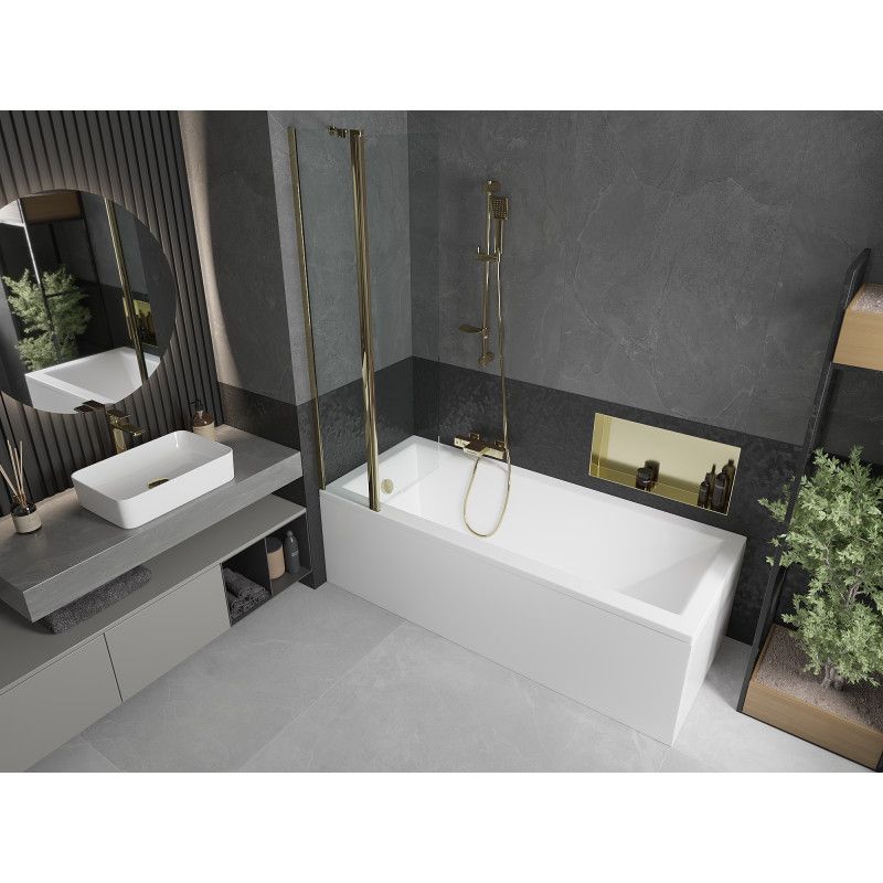 Rektangulært badekar Mexen Cubik 160 x 70 cm med front- og sidepanel samt 1-fløjet brusevæg 80 cm i transparent guld, 1 sæt