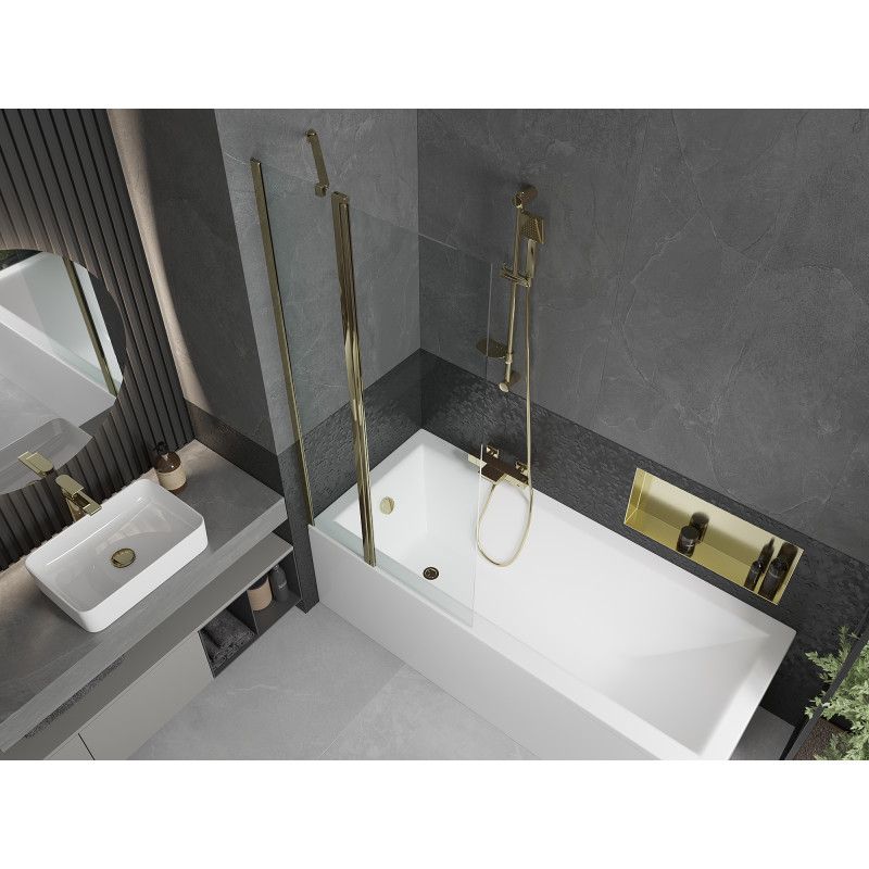 Rektangulært badekar Mexen Cubik 160 x 70 cm med front- og sidepanel samt 1-fløjet brusevæg 80 cm i transparent guld, 1 sæt
