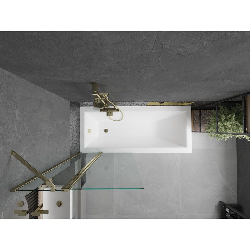 Rektangulært badekar Mexen Cubik 160 x 70 cm med front- og sidepanel samt 1-fløjet brusevæg 80 cm i transparent guld, 1 sæt