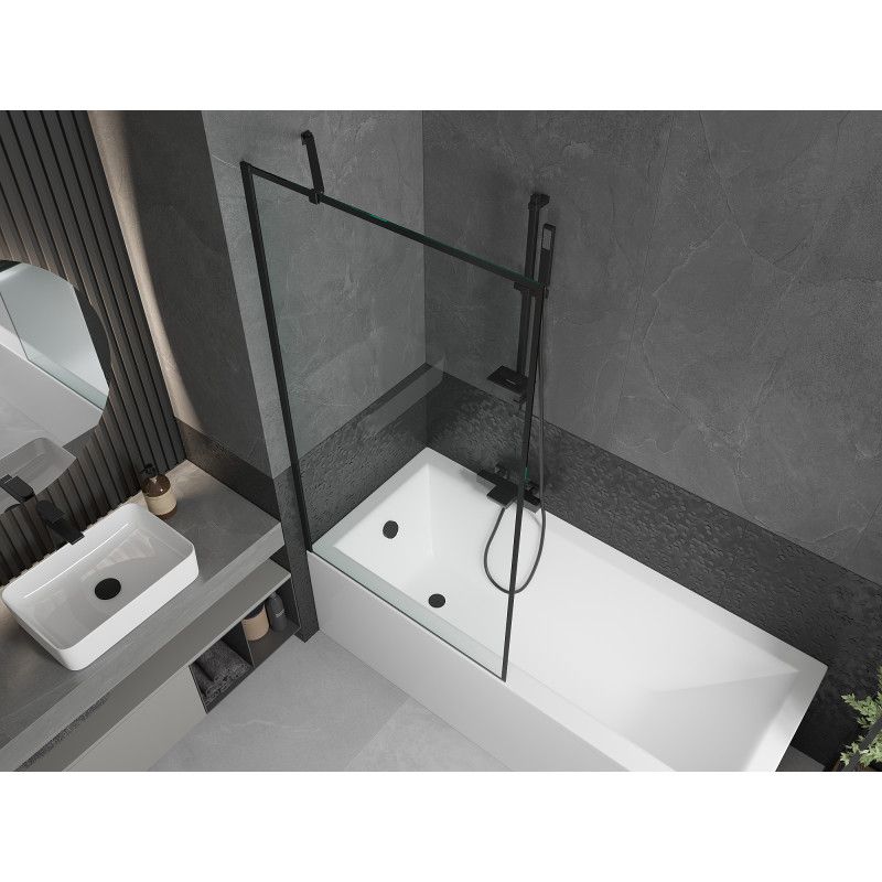Rektangulært badekar Mexen Cubik 160 x 70 cm med front- og sidepanel samt 1-fløjet brusevæg 90 cm med sort mønster, komplet sæt