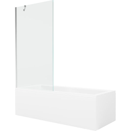 Rektangulært badekar Mexen Cubik 160 x 70 cm med front- og sidepanel samt 1-fløjet brusevæg 90 cm i transparent krom