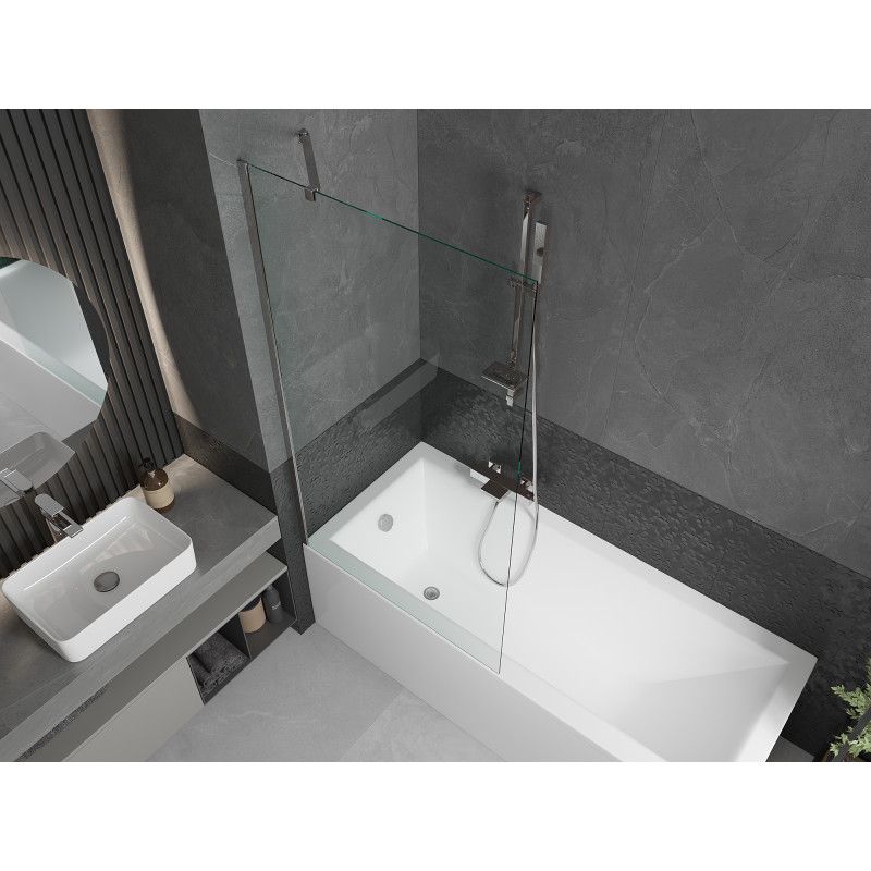 Rektangulært badekar Mexen Cubik 160 x 70 cm med front- og sidepanel samt 1-fløjet brusevæg 90 cm i transparent krom