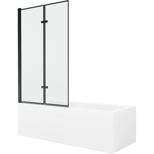 Rektangulært badekar Mexen Cubik 160 x 70 cm med front- og sidepanel samt 2-fløjet brusevæg 100 cm med sort mønster, komplet sæt