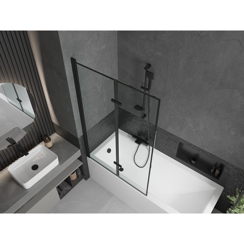 Rektangulært badekar Mexen Cubik 160 x 70 cm med front- og sidepanel samt 2-fløjet brusevæg 100 cm med sort mønster, komplet sæt