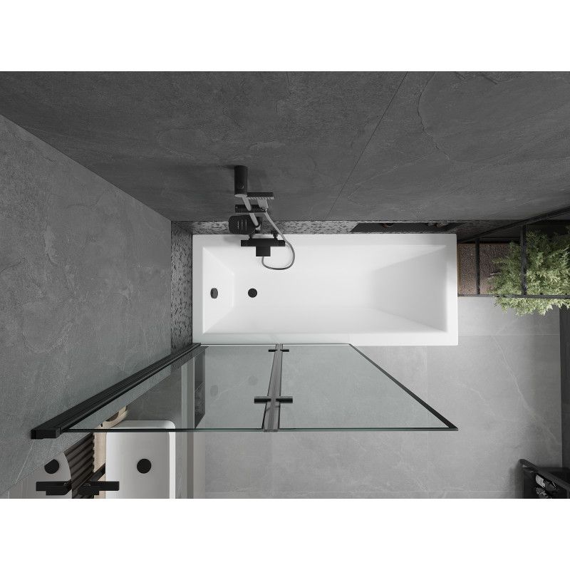 Rektangulært badekar Mexen Cubik 160 x 70 cm med front- og sidepanel samt 2-fløjet brusevæg 100 cm med sort mønster, komplet sæt