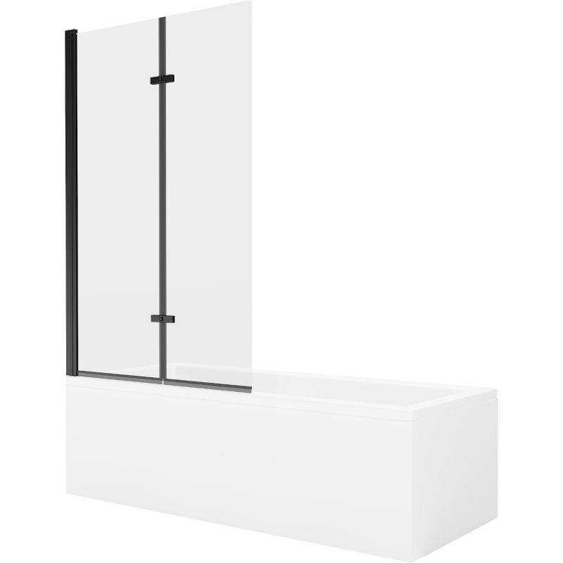 Rektangulært badekar Mexen Cubik 160 x 70 cm med front- og sidepanel samt 2-fløjet brusevæg 100 cm transparent sort 1 sæt