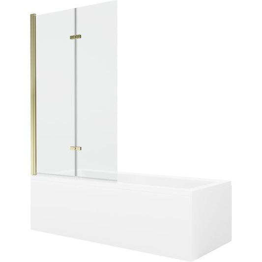 Rektangulært badekar Mexen Cubik 160 x 70 cm med front- og sidepanel samt 2-fløjet brusevæg 100 cm transparent med guldfinish, 1 sæt