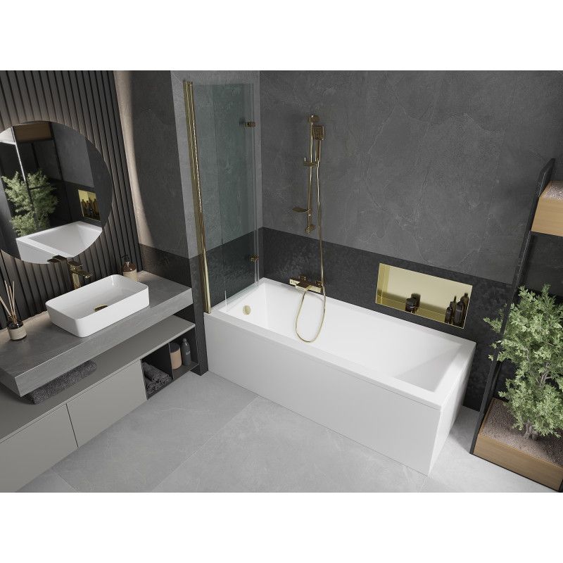 Rektangulært badekar Mexen Cubik 160 x 70 cm med front- og sidepanel samt 2-fløjet brusevæg 100 cm transparent med guldfinish, 1 sæt