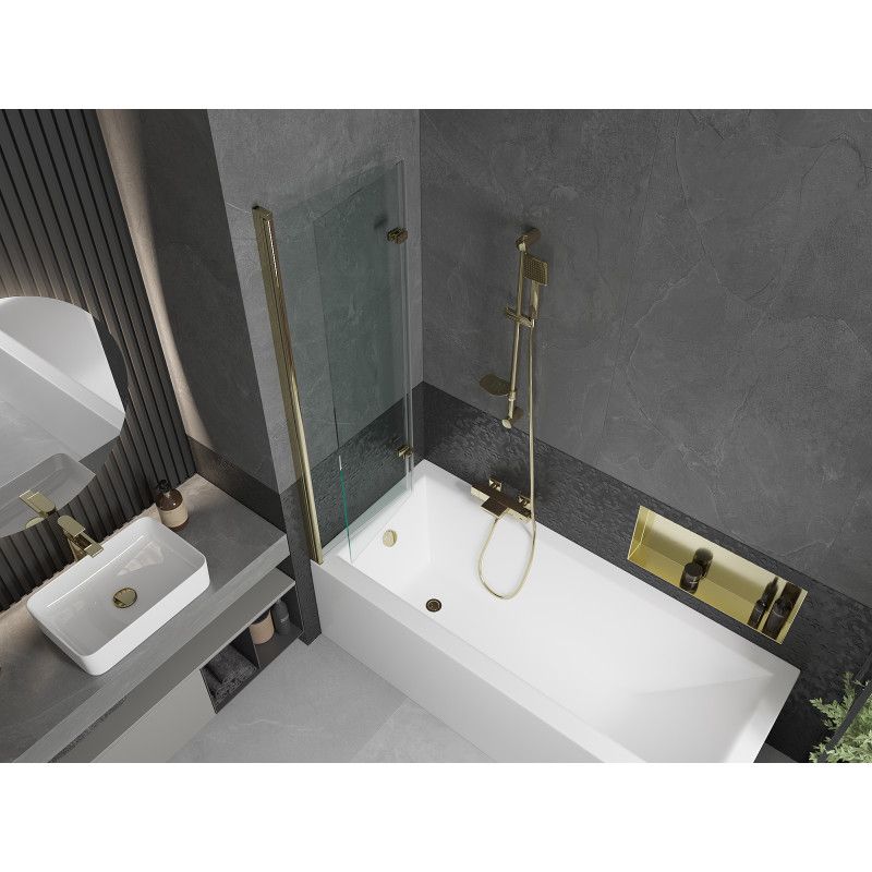 Rektangulært badekar Mexen Cubik 160 x 70 cm med front- og sidepanel samt 2-fløjet brusevæg 100 cm transparent med guldfinish, 1 sæt