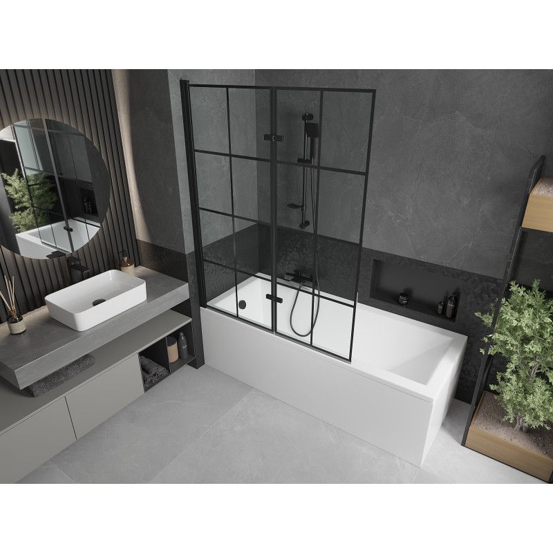 Rektangulært badekar Mexen Cubik 160 x 70 cm med frontpanel og 2-fløjet brusevæg 120 cm sort mønster 1 sæt