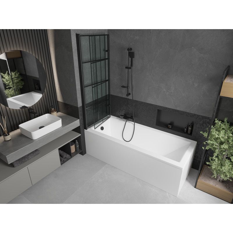 Rektangulært badekar Mexen Cubik 160 x 70 cm med frontpanel og 2-fløjet brusevæg 120 cm sort mønster 1 sæt