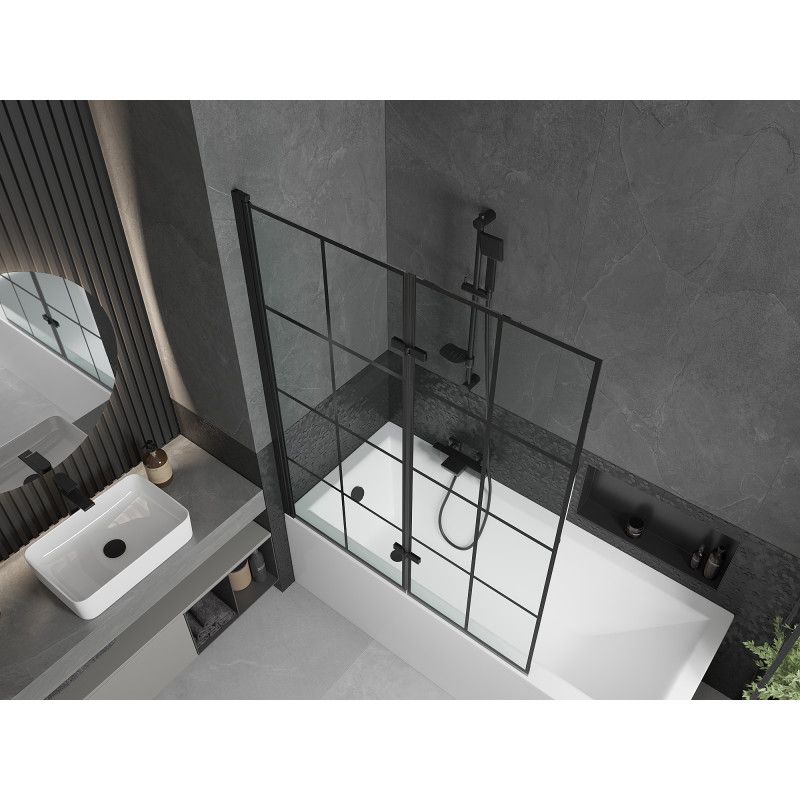 Rektangulært badekar Mexen Cubik 160 x 70 cm med frontpanel og 2-fløjet brusevæg 120 cm sort mønster 1 sæt