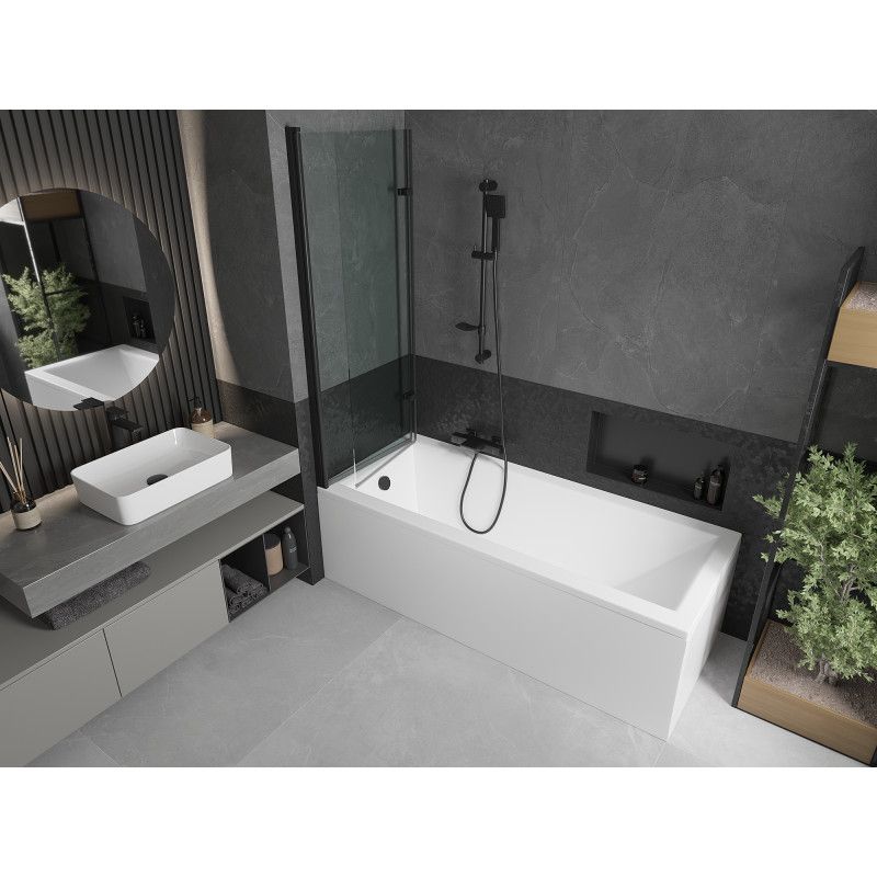 Rektangulært badekar Mexen Cubik 160 x 70 cm med frontpanel og 2-fløjet brusevæg 120 cm transparent sort 1 sæt