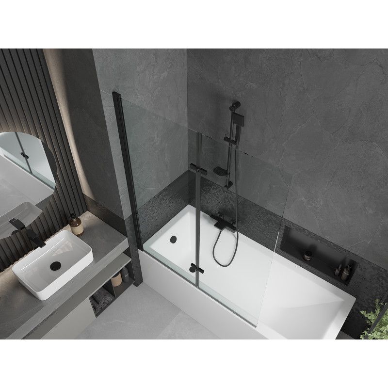 Rektangulært badekar Mexen Cubik 160 x 70 cm med frontpanel og 2-fløjet brusevæg 120 cm transparent sort 1 sæt