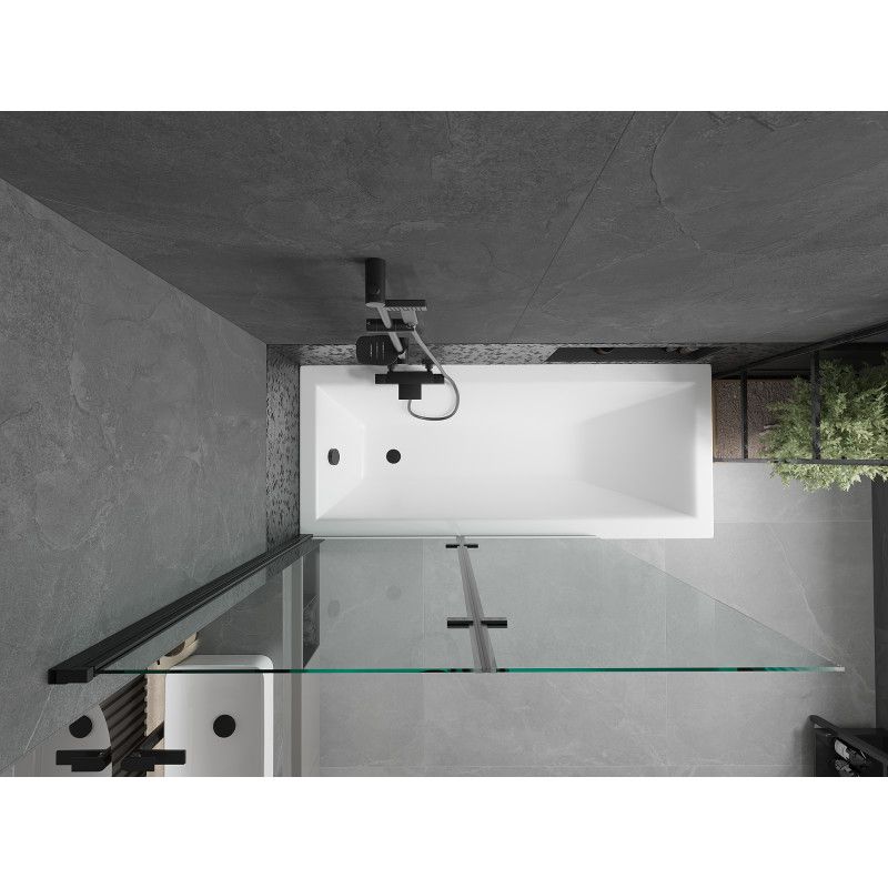 Rektangulært badekar Mexen Cubik 160 x 70 cm med frontpanel og 2-fløjet brusevæg 120 cm transparent sort 1 sæt