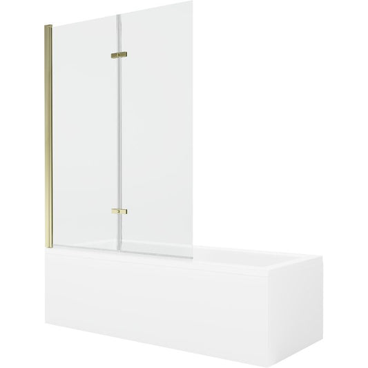 Rektangulært badekar Mexen Cubik 160 x 70 cm med frontpanel og 2-fløjet brusevæg 120 cm transparent guld 1 sæt