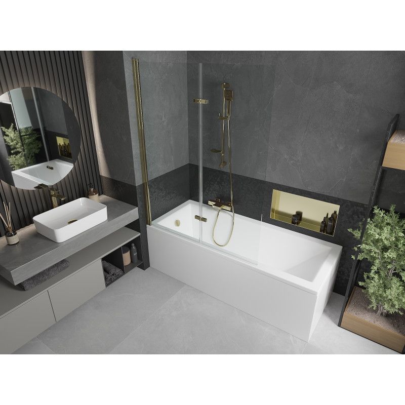 Rektangulært badekar Mexen Cubik 160 x 70 cm med frontpanel og 2-fløjet brusevæg 120 cm transparent guld 1 sæt
