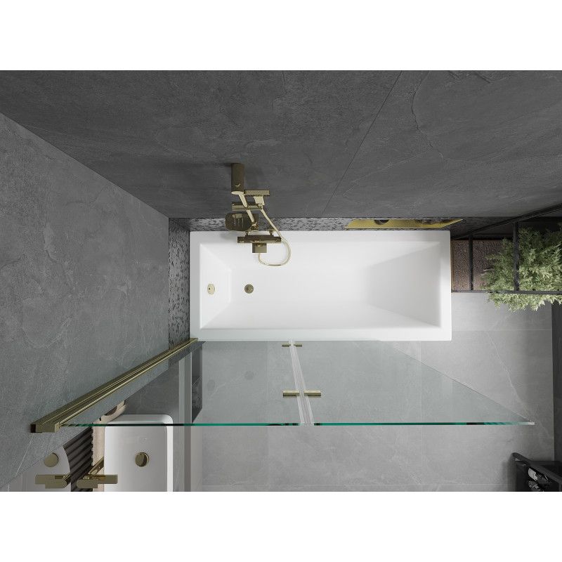 Rektangulært badekar Mexen Cubik 160 x 70 cm med frontpanel og 2-fløjet brusevæg 120 cm transparent guld 1 sæt