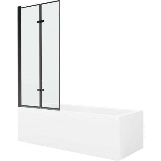 Rektangulært badekar Mexen Cubik 160 x 70 cm med front- og sidebeklædning samt 2-fløjet brusevæg 80 cm med mat-sort mønster, komplet sæt