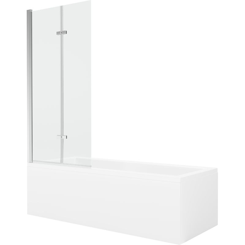 Rektangulært badekar Mexen Cubik 160 x 70 cm med front- og sidebeklædning samt 2-fløjet brusevæg 80 cm i transparent krom, 1 sæt