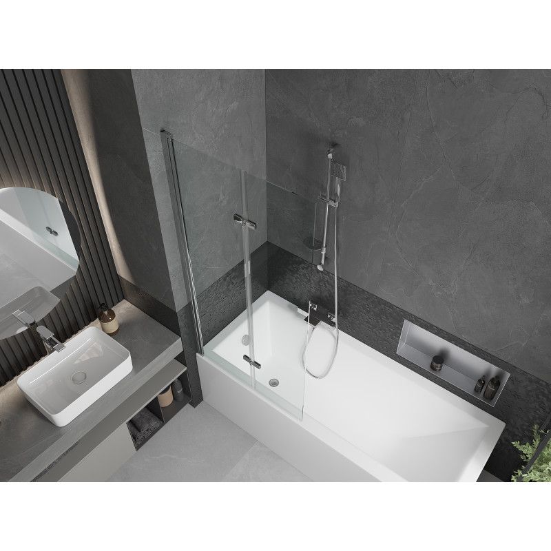 Rektangulært badekar Mexen Cubik 160 x 70 cm med front- og sidebeklædning samt 2-fløjet brusevæg 80 cm i transparent krom, 1 sæt